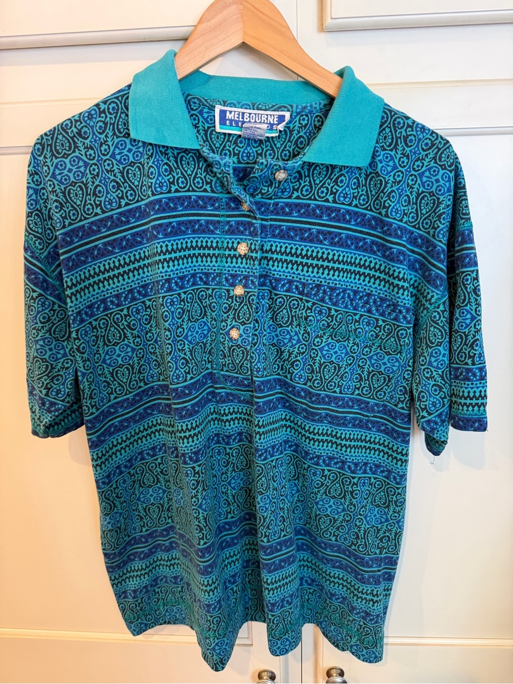 Vintage 90s men’s Teal Patterned Polo Shirt - Men's